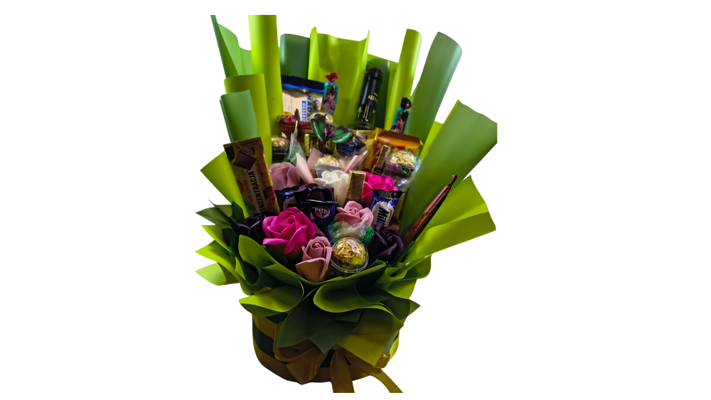 Flower Box z Białym Winem Alinca Bairrada, Słodyczami i 9 Różami Mydlanymi – Elegancki Prezent na Wyjątkowe Okazje