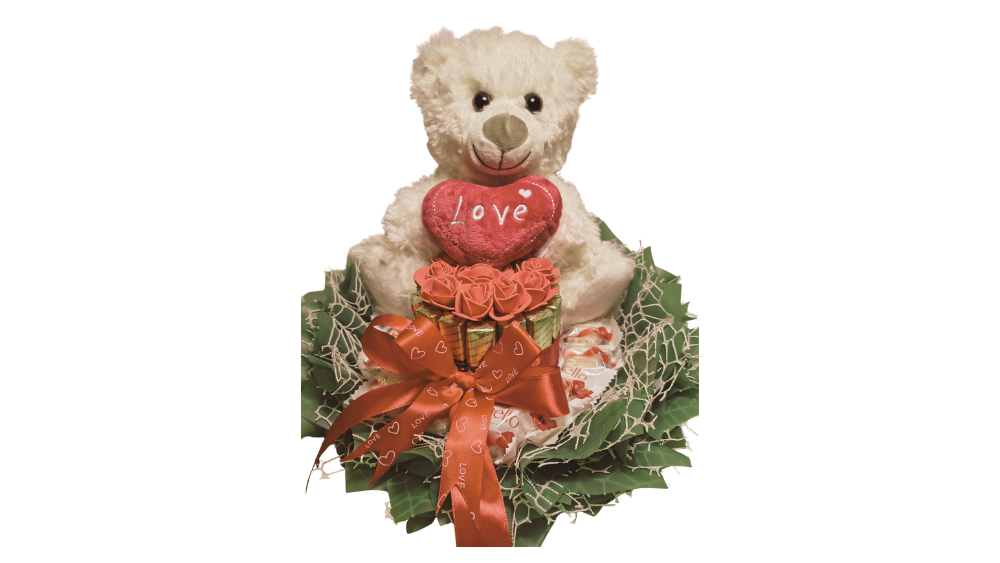 🧸 Box prezentowy z białym pluszowym misiem LOVE, różami i czekoladkami